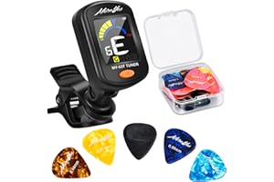 MOREYES Rechargeable Guitar Tuner Clip On with 28Pcs Guitar Picks, Guitar Tuner for Acoustic Guitar, Electric Guitar, Bass, Ukulele & Chromatic Tuning Modes, Full Color Display