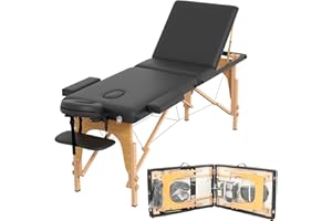 HENGJIANYI Massage Table Massage Bed, Portable 3 Section Foldable Tattoo Bed, Height Adjustable Lash Spa Bed with Face Cradle, Home Light Weight Facial Salon Bed with Wood Frame, Black