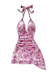 BEAUDRM Women's Floral Print Sleeveless Halter Deep