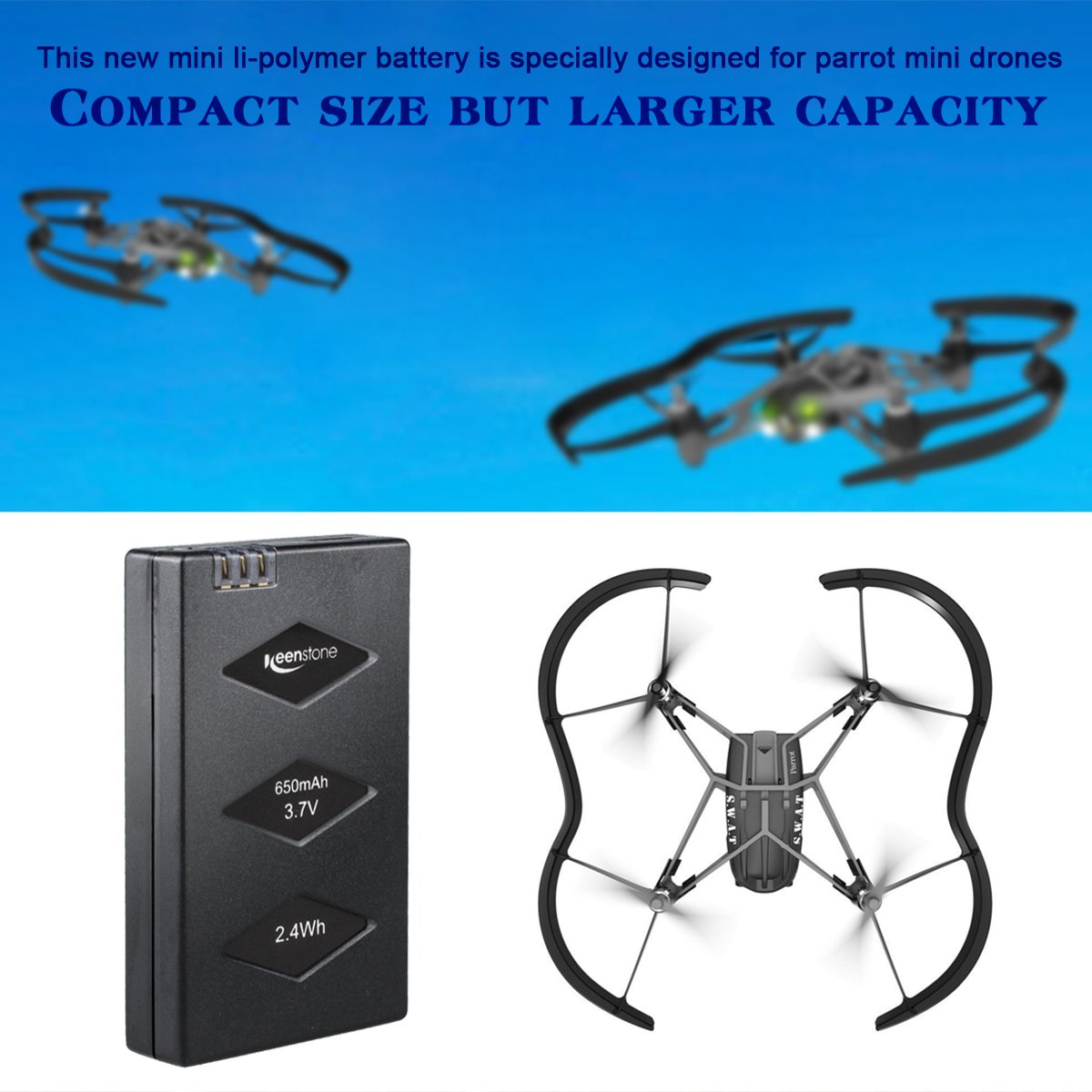 Parrot Minidrone Battery, Keenstone 3PCS 3.7V 650mAh Li-po Battery w/3-Port Charger for Jumping Sumo Swing Mambo Rolling Spider Air Night Airborne Cargo Jumping Race Night Hydrofoil Drone
