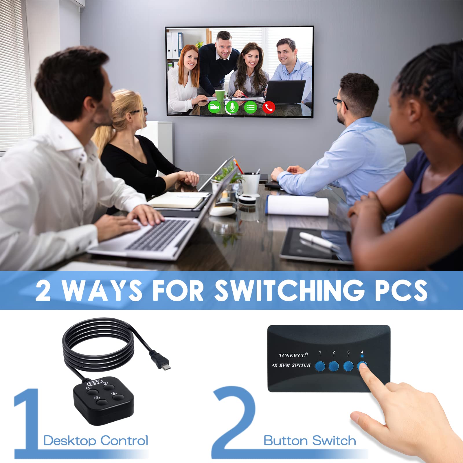 TCNEWCL KVM Switch 4 Port, HDMI KVM Switcher 4Kx2K@30Hz for 4 Computers Sharing 1 HD Monitor and 3 USB Devices Keyboard Mouse Printer,Including 4*KVM Cables &1* Wire Desktop Controller