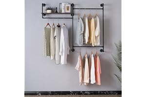 EDCB Industrial Pipe Clothing Rack - Wall Mounted Heavy Duty Garment Rack with Wood Shelf, Steampunk Closet Organizer for Bedroom/Retail Stores, 12" D x 58" W x 46" H, Black