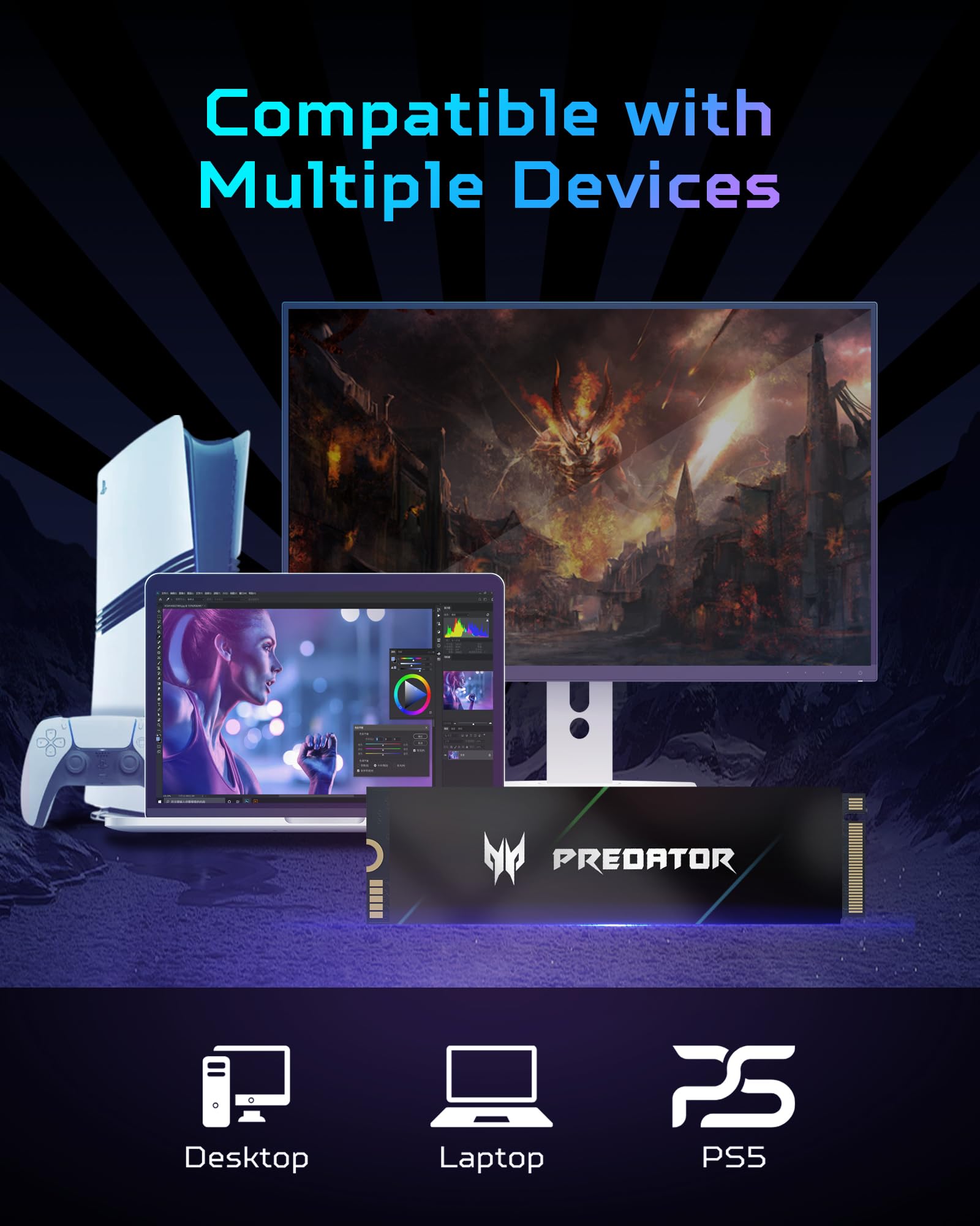 Predator M.2 SSD 1TB GM7000 with DRAM cache NVMe 1.4 2280 PCIe Gen4×4 Ultra high speed (maximum read: 7400MB/s, max write: 6700MB/s) 3D NAND TLC Internal SSD Compatible with PS5 Pro - BL.9BWWR.105