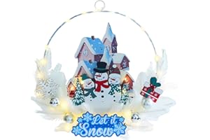 YZYVIOW Christmas Rustic Wreath for Front Door, Artificial Xmas Wreath with Decorations and Lights, Indoor Outdoor Holiday Decor (Snowman)