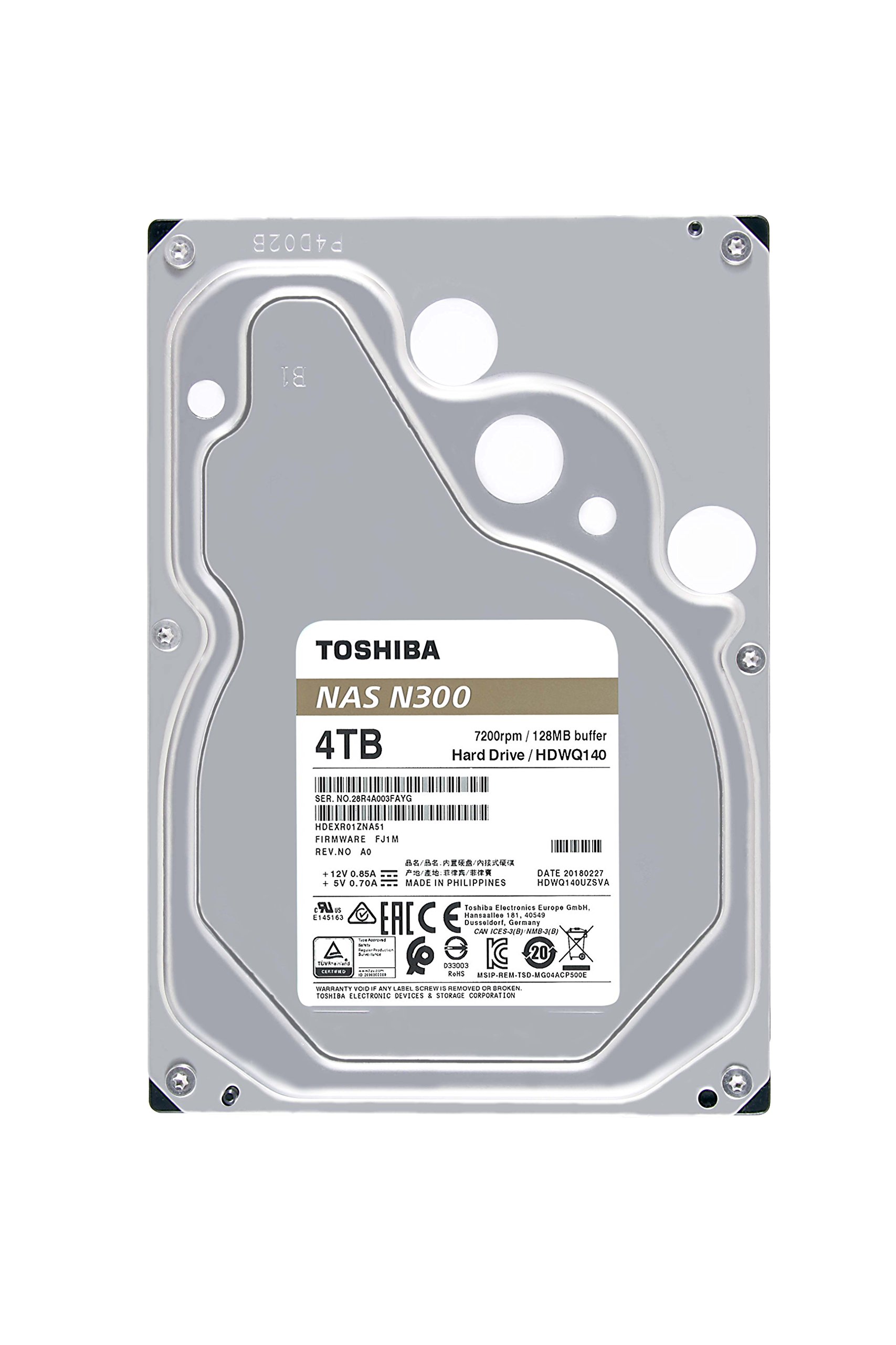 Toshiba N300 4TB Internal NAS Hard Drive, 3.5’’ SATA HDD, 7200 RPM, 24/7 Operation, Supports 1-8 bay systems, 128MB Cache, 180TB/Year workload, 3yr Warranty (HDEX01TZNA51F)