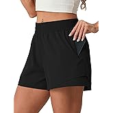 PrinStory Athletic Shorts for Women High Waisted 2 in 1 Running Quick Dry Gym Workout Shorts with Zipper Pockets