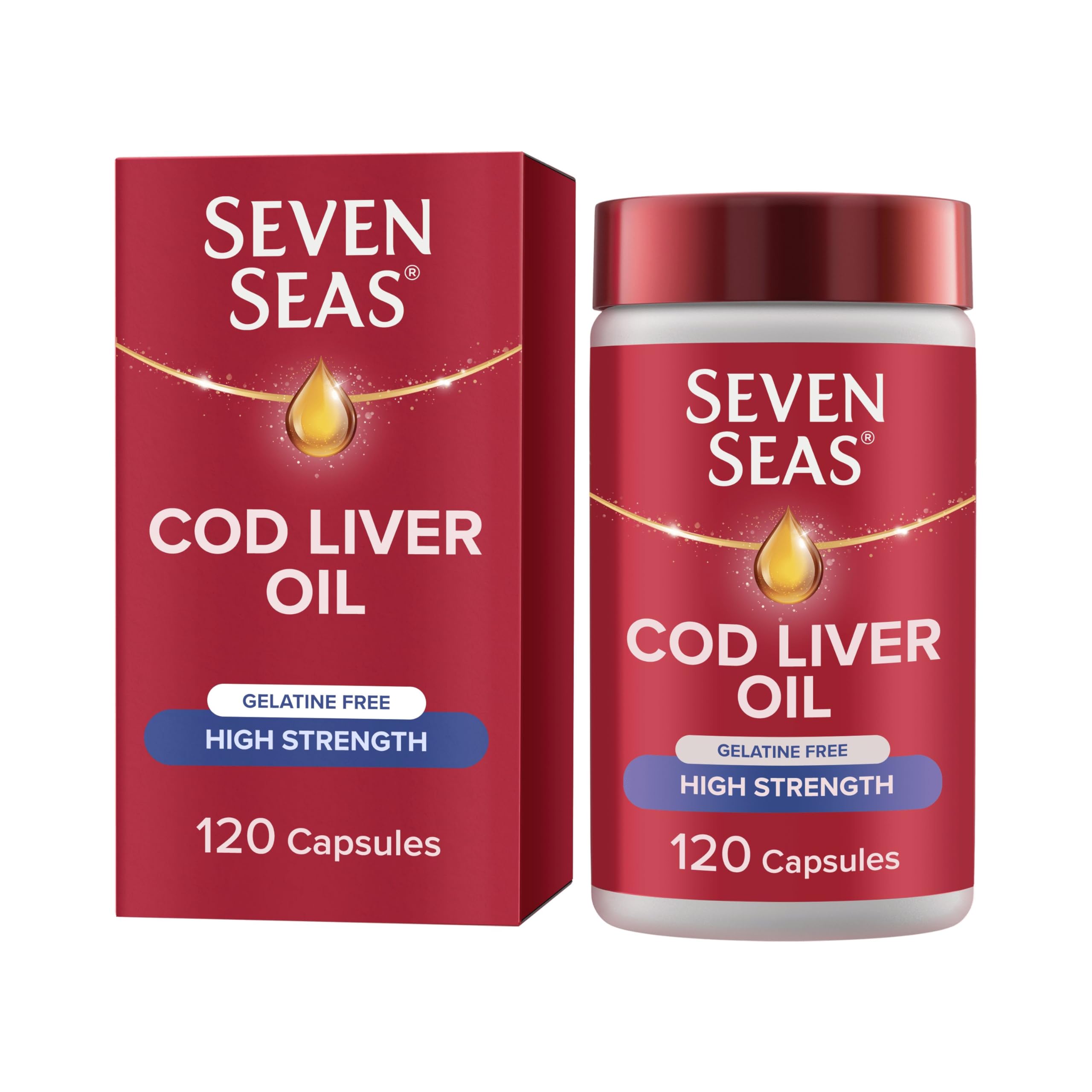 Seven Seas Cod Liver Oil High Strength Gelatine Free Omega-3 Fish Oil and Vitamin D, 120 Capsules