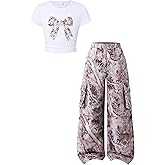 Azmxynol Tween Girls Clothes 2 Piece Outfit Bow T-Shirt Top + Cargo Pants Teen Girl Clothing Set, Sizes 7-16 Years