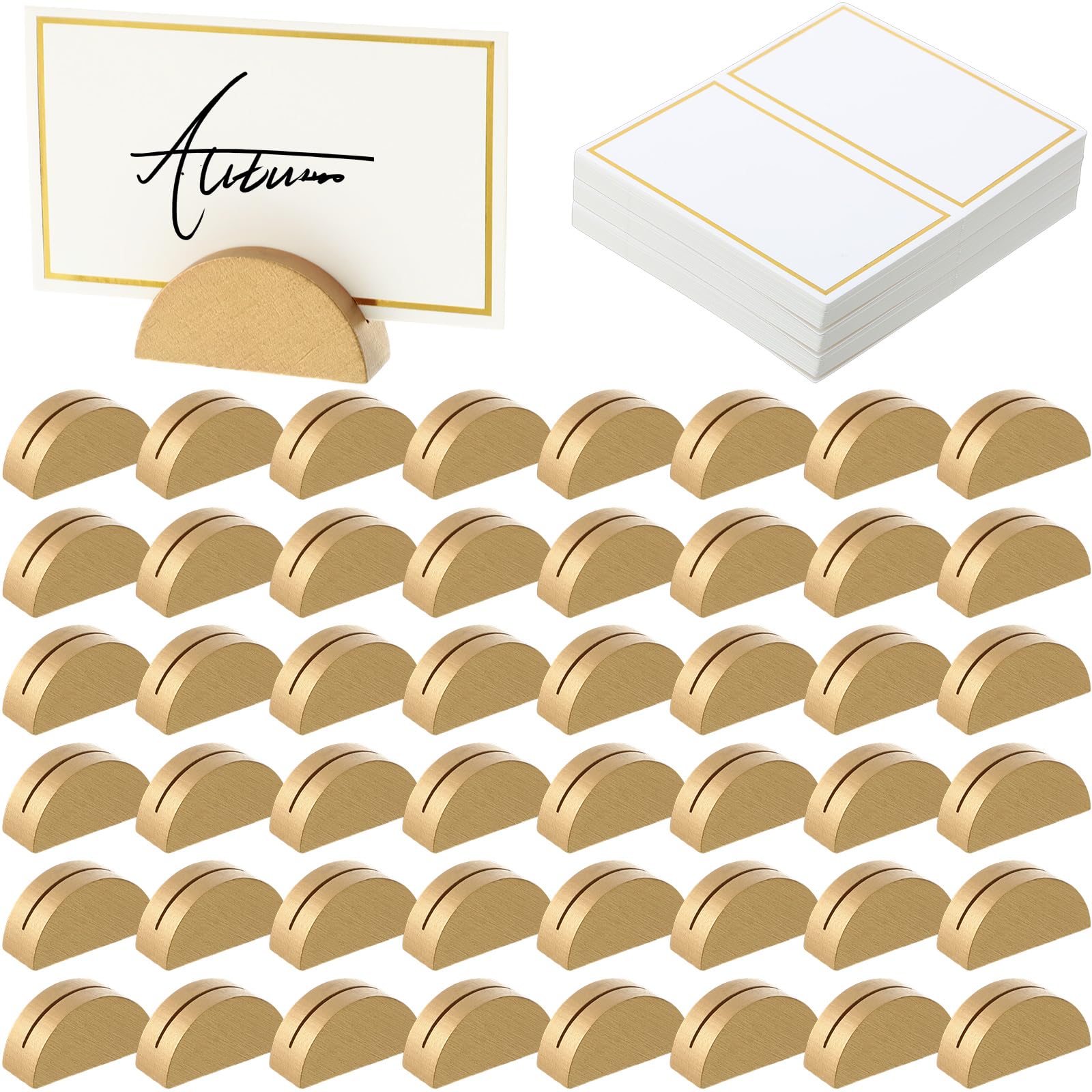 Photo 1 of Maitys 48 Pcs Wooden Table Number Stands Wedding Table Name Holder Semicircular Design Place Card Holders with 48 Pcs Tented Cards for Retail Shop Wedding Party Events Decoration (Gold)