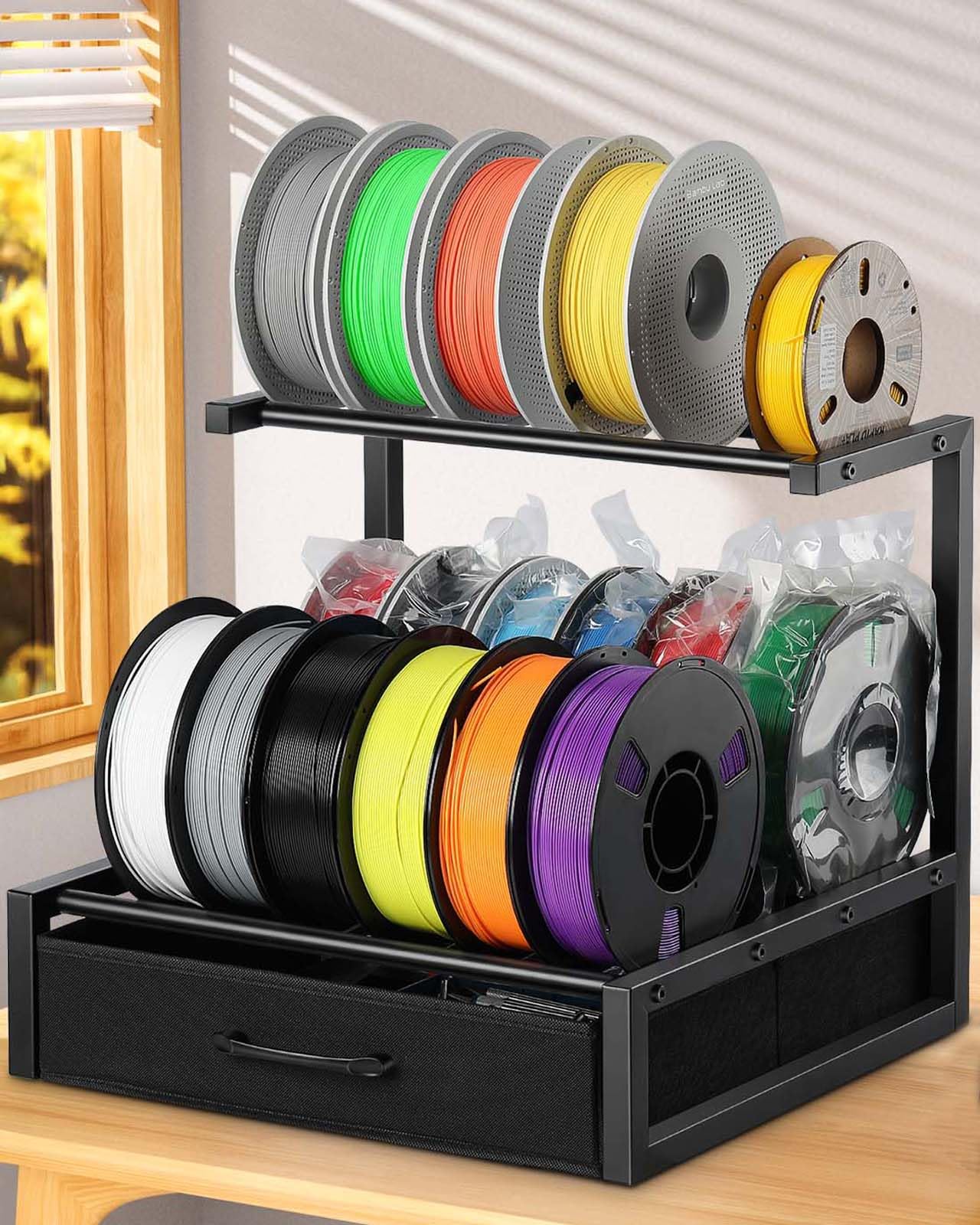 Photo 1 of 2-Tier Desktop Filament Storage Rack with Fabric Drawer - 3D Printer Filament Spools Holder Shelf for PLA/ABS/TPU Filaments, Tabletop Organizer for Home Office, Workshop Studio (Black Double Row)