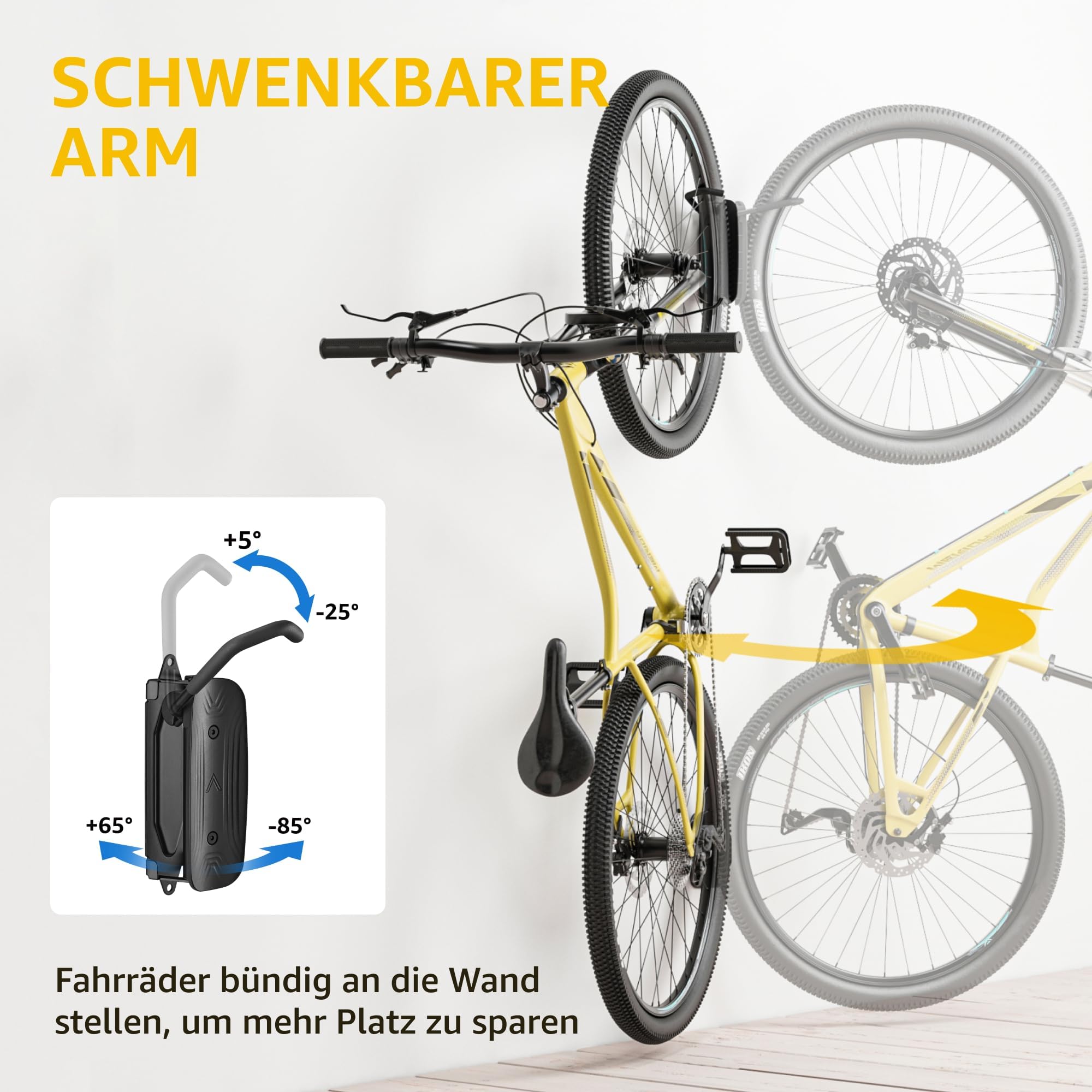 monTEK Schwenkbare Fahrrad Wandhalterung, Fahrradständer für die Garage, Fahrradhalterung Wand, platzsparender Wandfahrradständer, Vertikaler Fahrradständer, Hält bis zu 30 kg, Schwarz 4