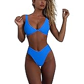 geluboao Bikini Set for Women Solid V Neck Knot Front Push Up High Leg Thong Two Piece Swimsuit