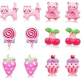 6 Pairs Cute Clip on Drop Earrings, Resin No Pierced Design Kids Earrings Bear Cake Cat Strawberry Dress Up Eardrop Stud Jewelry for Party Gift