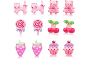 MIKOVIVI 6 Pairs Cute Clip on Drop Earrings, Resin No Pierced Design Kids Earrings Bear Cake Cat Strawberry Dress Up Eardrop Stud Jewelry for Party Gift