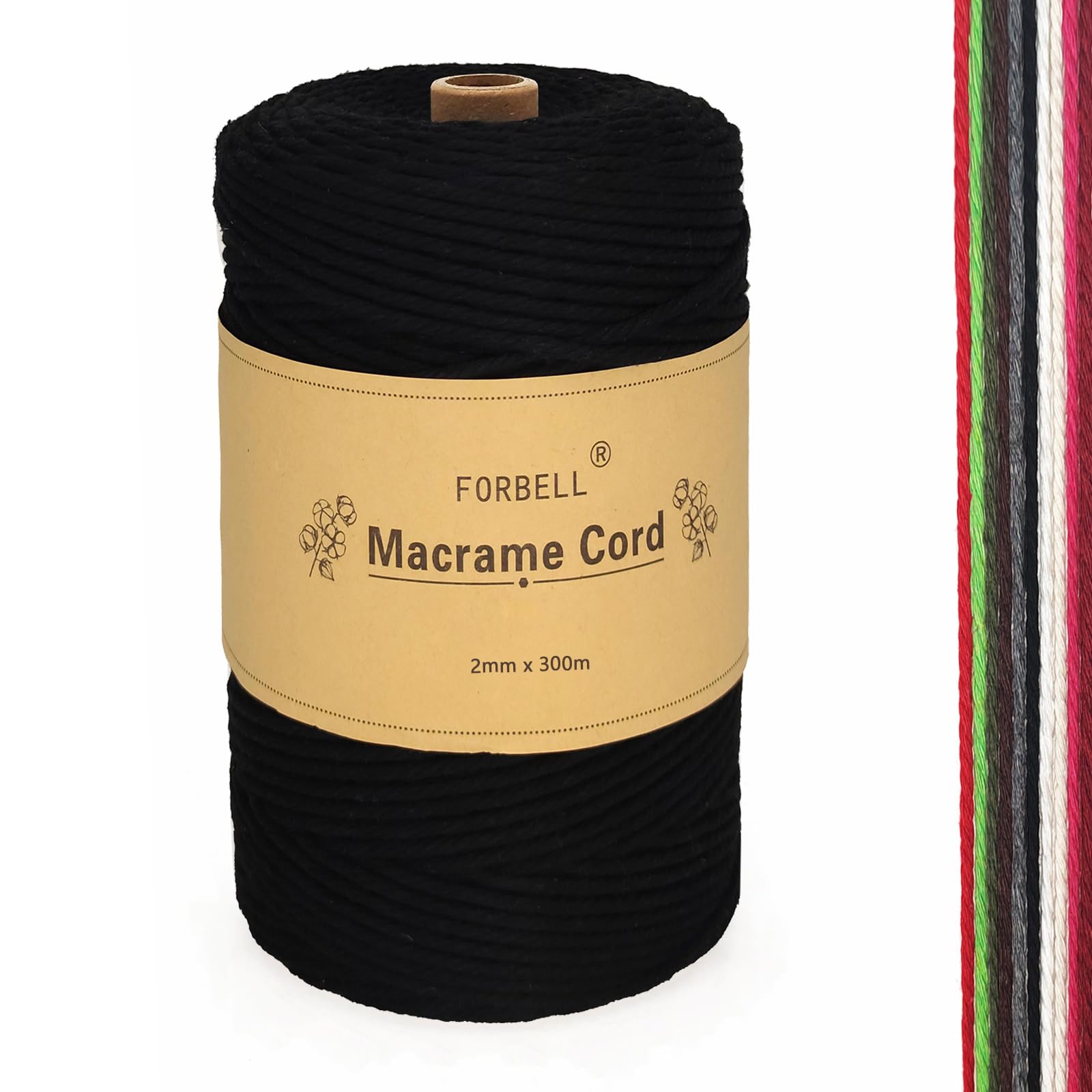 Forbell Macrame Yarn, 2 mm x 300 m Premium Cotton Yarn, DIY Crafts (Black (2 mm))