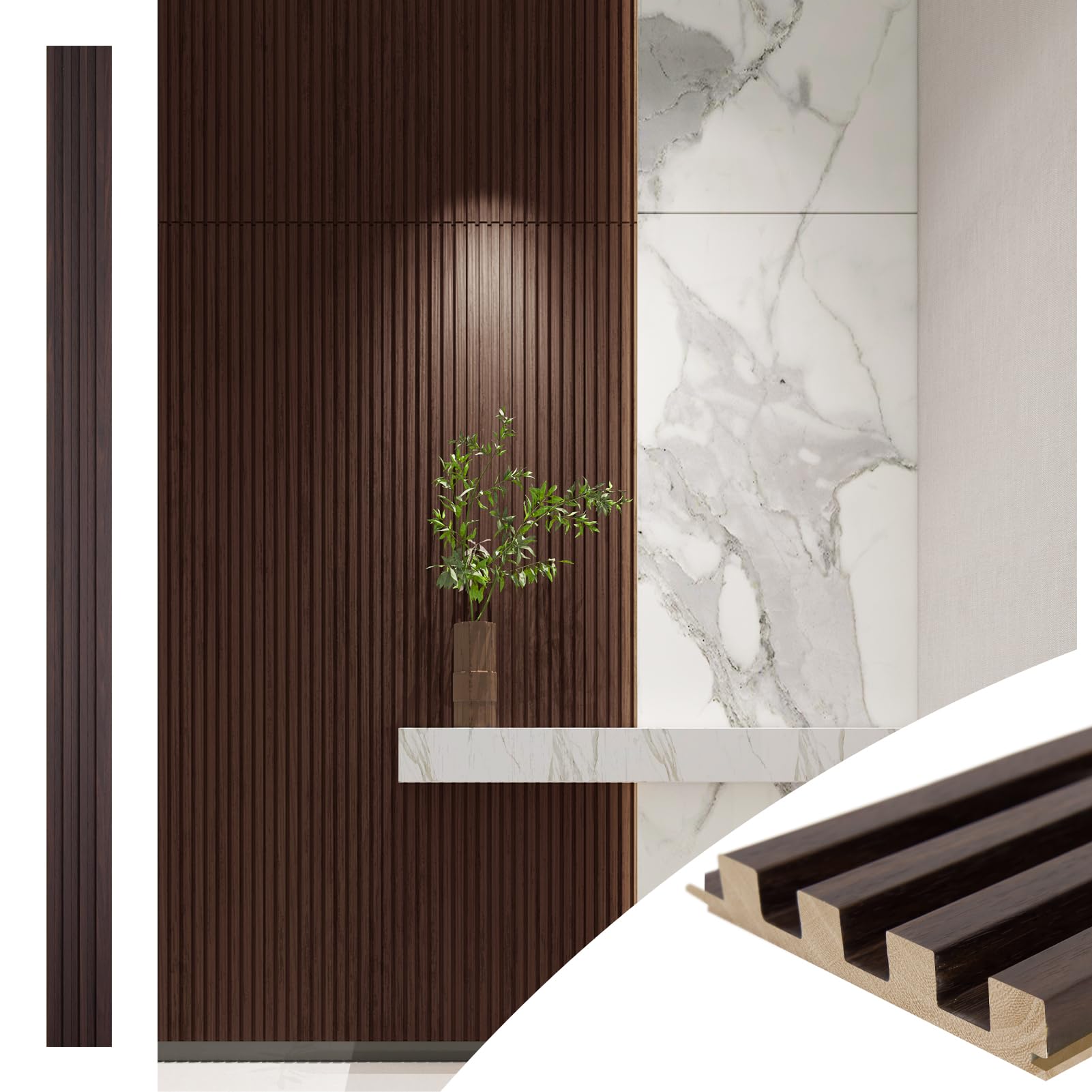 Photo 1 of ***UNKNOWN DAMAGES*** Art3d Slat Wood Wall Paneling for Interior and Ceiling Decoration - Pack of 4pcs + 1pc End-Trim, Size 108 x 5.7in.- Smoked Oak
