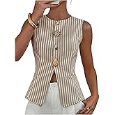 SHENHE Women's Striped Button Down Tank Top Sleeveless Dressy Vest Business Casual Top