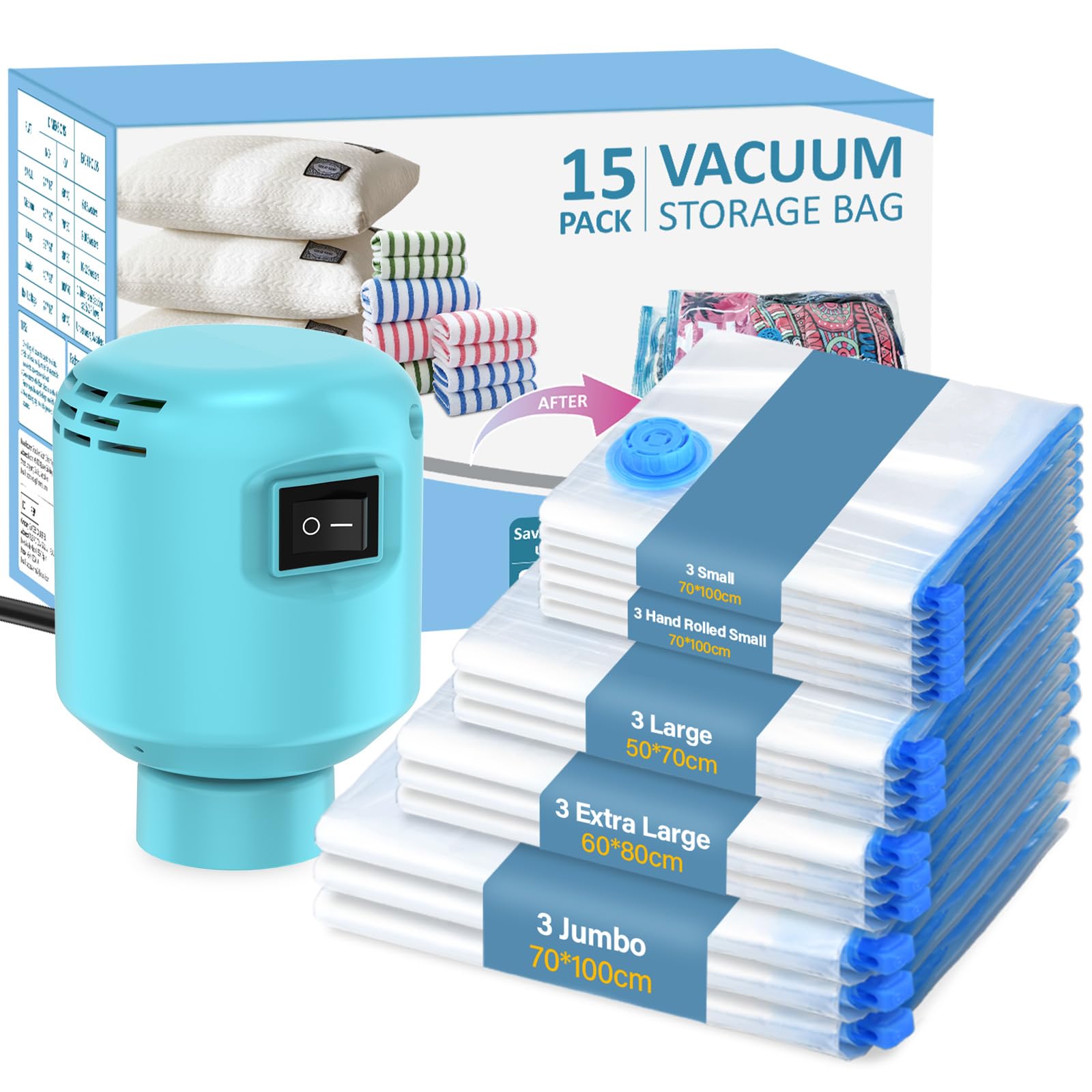 Kissleaf Vacuum Storage Bags 15-Pack Vacuum Bags with Electric Pump 30 Seconds Fast Compression Durable Dustproof Waterproof Vaccine Storage Bags Travel for Duvets,Bedding,Quilts,Clothes