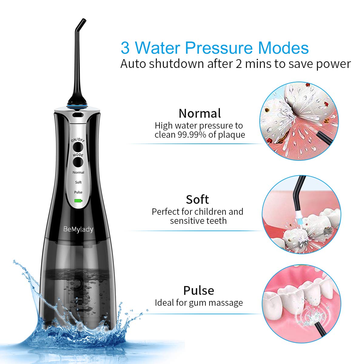 Cordless Water Flosser Pick Teeth Cleaner, BeMyLady 320ML Portable Water Flosser Pik Oral Irrigator for Travel, Home IPX7 Waterproof Water Dental Flosser with 4 Jet Tips for Braces and Teeth Whitening