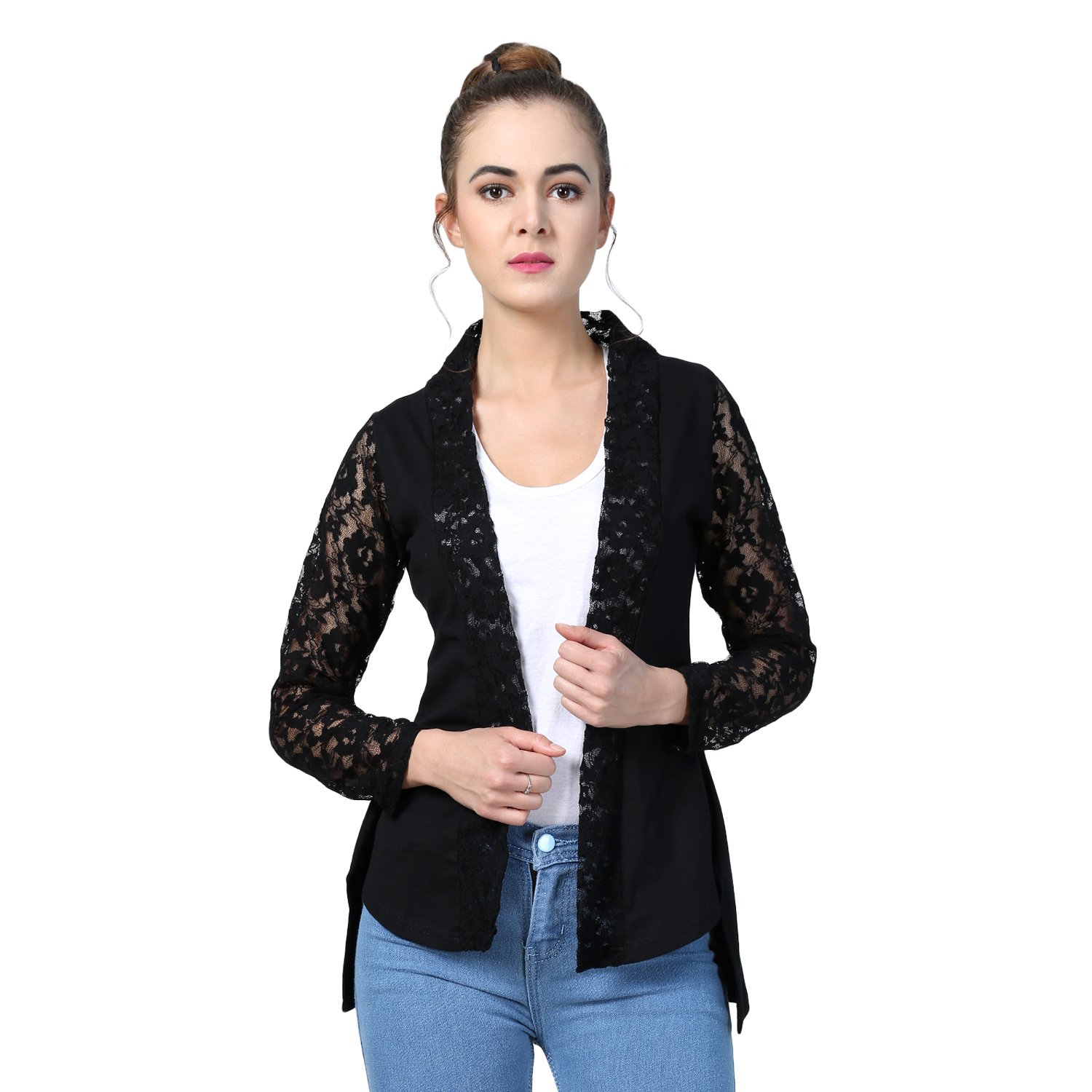 women's cotton full sleeve front open net shrug/cardigan style