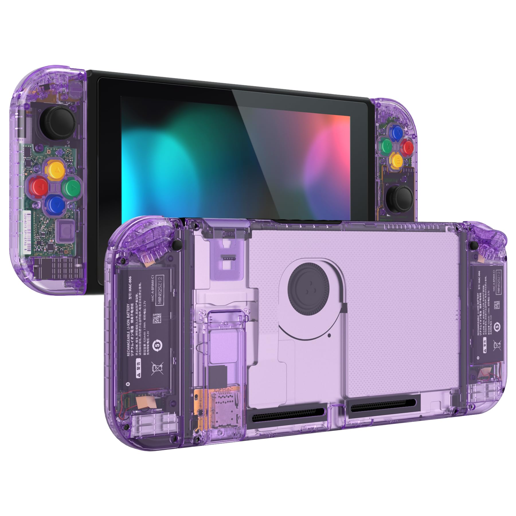 eXtremeRate DIY Replacement Shell Buttons for Nintendo Switch, Crystal Clear Atomic Purple Custom Back Plate for Switch Console, Housing Case with Colorful Buttons for Joycon Handheld - No Controller