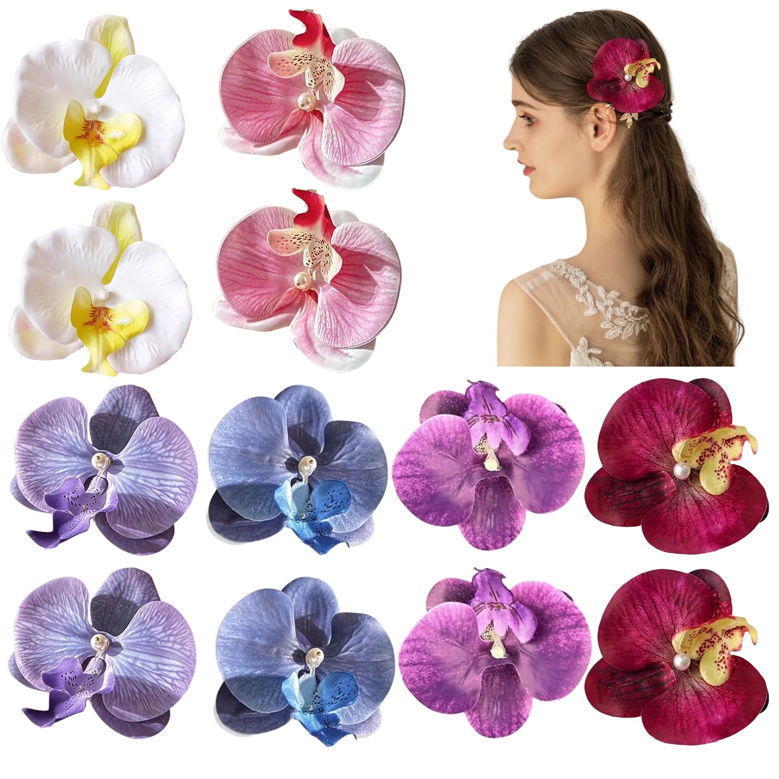 Photo 1 of 12 Pieces Flower Hair Clips Bohemian Butterfly Orchid Hair Barrettes for Beach Party Spring Photo Prop, Artificial Hawaiian Boho Hairclip Flower Hair Accessories for Women Girls Bridal Headwear