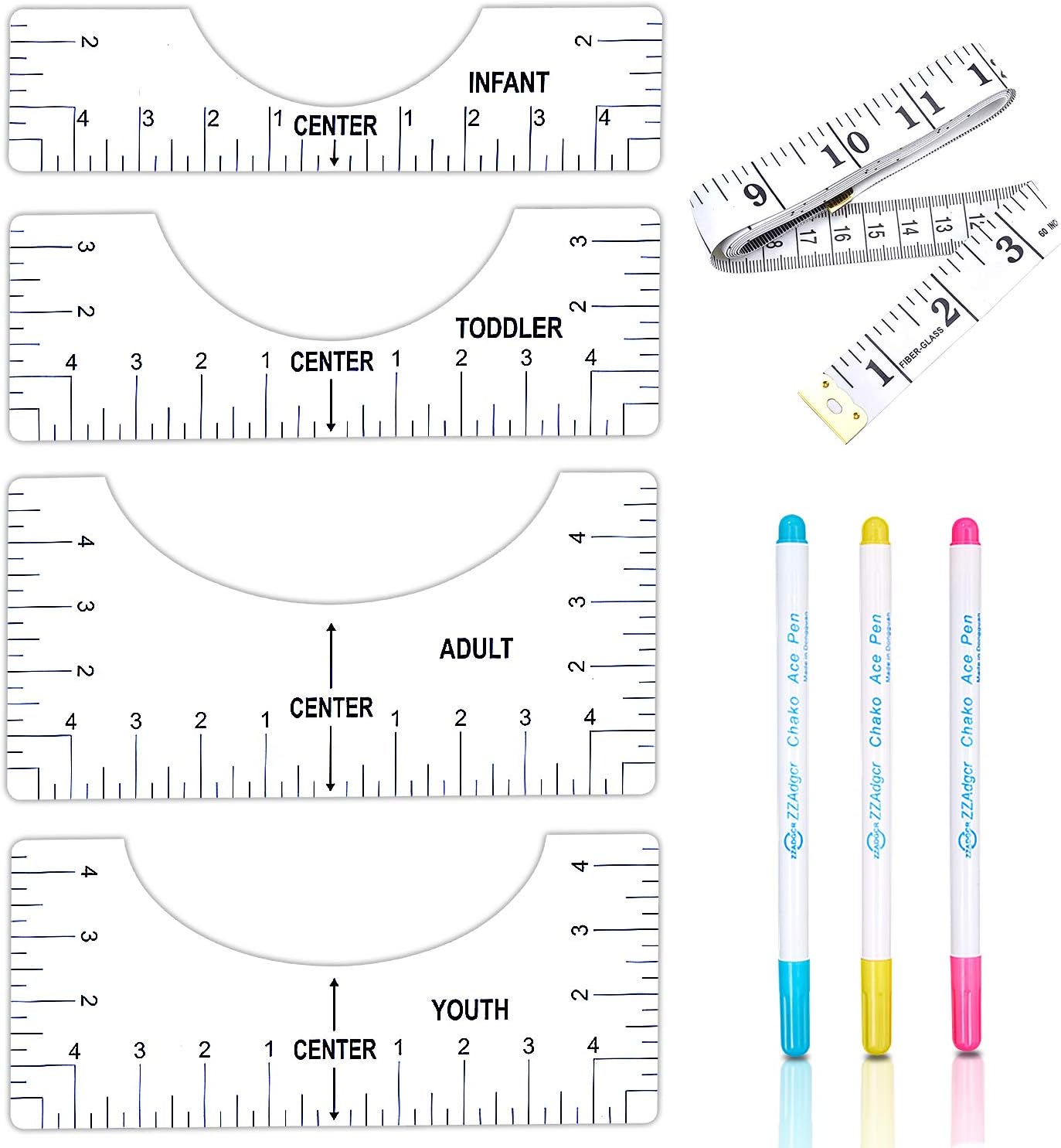 ADHO T-Shirt Ruler Guide, 8 Piece T-Shirt Alignment Tool Set for Vinyl, Sublimation T Shirt Placement Ruler to Center Designs with Measuring Ruler, Adult Youth Toddler Infant