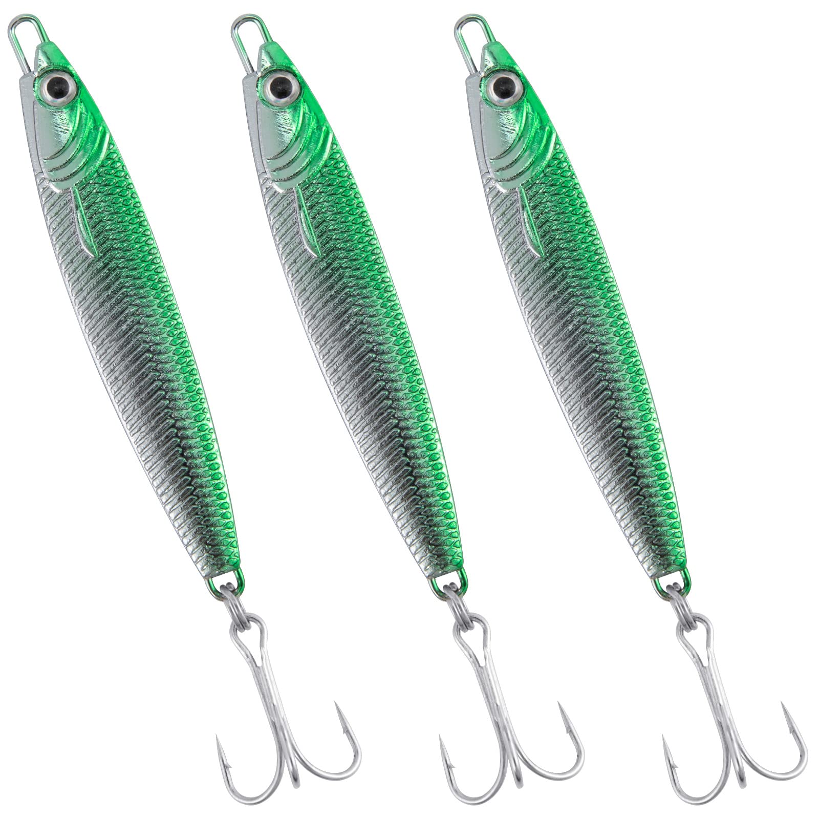 Dr.Fish Metal Sea Fishing Lures Sliver Green Minnow Spoon Lures Set of 3 Sea Fishing Tackle Mackerel Cod Sea Bass Pike Stinger Spinner Lures Metal Jigs 30g