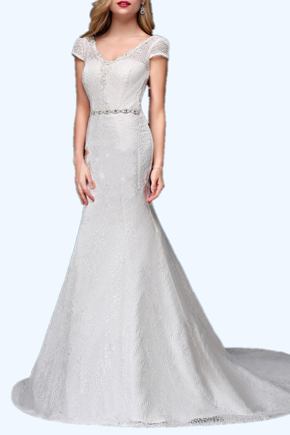 DressyMe Women's Mermaid Lace Wedding Dress Cap Sleeves Beaded