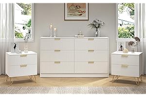NOVAMAISON Dresser and Nightstand Sets, 6 Drawer Dresser Set for Bedroom 3 Piece, 55” Wide Wooden Fluted White Dressers W/Metal Handle & Night Stand Set of 2, Modern Bedroom Furniture Sets, White