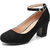 Women's Ankle Strap Low Block Chunky Heels Pumps Closed Round Toe Dress Wedding Office Work Church Shoes