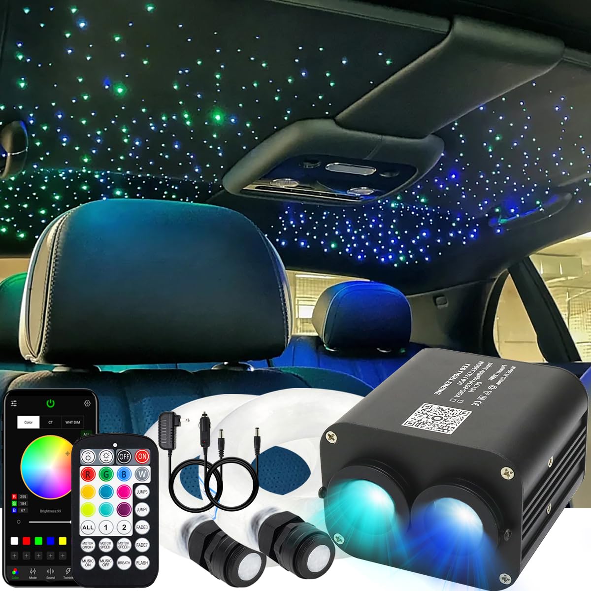 Photo 1 of AZIMOM Dual Color 20W Twinkle 1200pcs Fiber Optic Starlight Headliner Kits 0.03in 13.1ft Fiber Strands End Glow Sound Activated Remote APP Control RGBW Light Source Home Ceiling Car Headliner Décor
