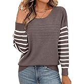 Women’s Knit Pullover Sweater Long Sleeve Crew Neck Ribbed Tops Striped Sleeve Casual Fall Winter Blouses