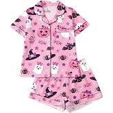 Cxquxse Halloween Pajama Sets for Women 2 Piece Ghost Pumpkin Print Shirts and Shorts Button Down Short Sleeve Sleepwear