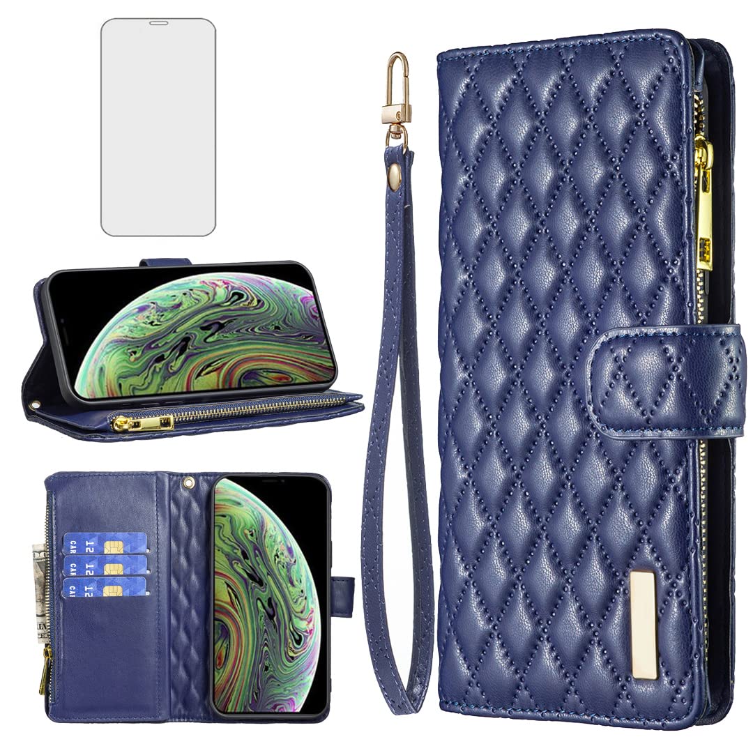 Asuwish Phone Case for iPhone Xs Max Wallet Cover with Tempered Glass Screen Protector and Leather Flip Credit Card Holder Stand Cell i X XR Xsmax 10x SX Xmax 10xs 10s 10 Plus Xmaxs Women Girls Blue