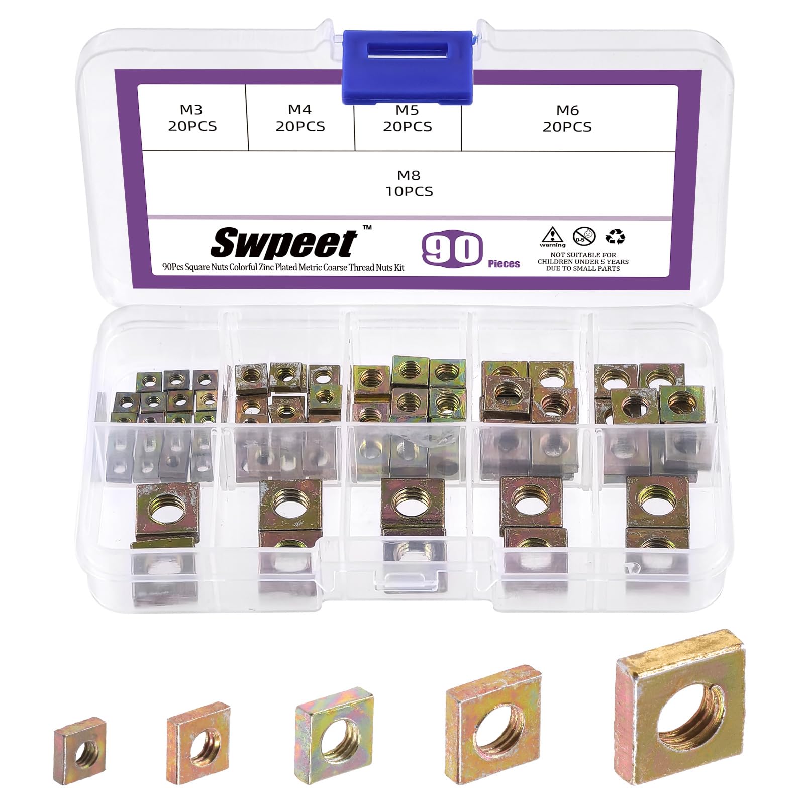 Swpeet 90Pcs 5 Sizes M3 M4 M5 M6 M8 Yellow Zinc Plated Metric Coarse Thread Square Nuts Assortment Kit, Machine Screw Nuts Metric Coarse Thread for Home Automotive Shop Use