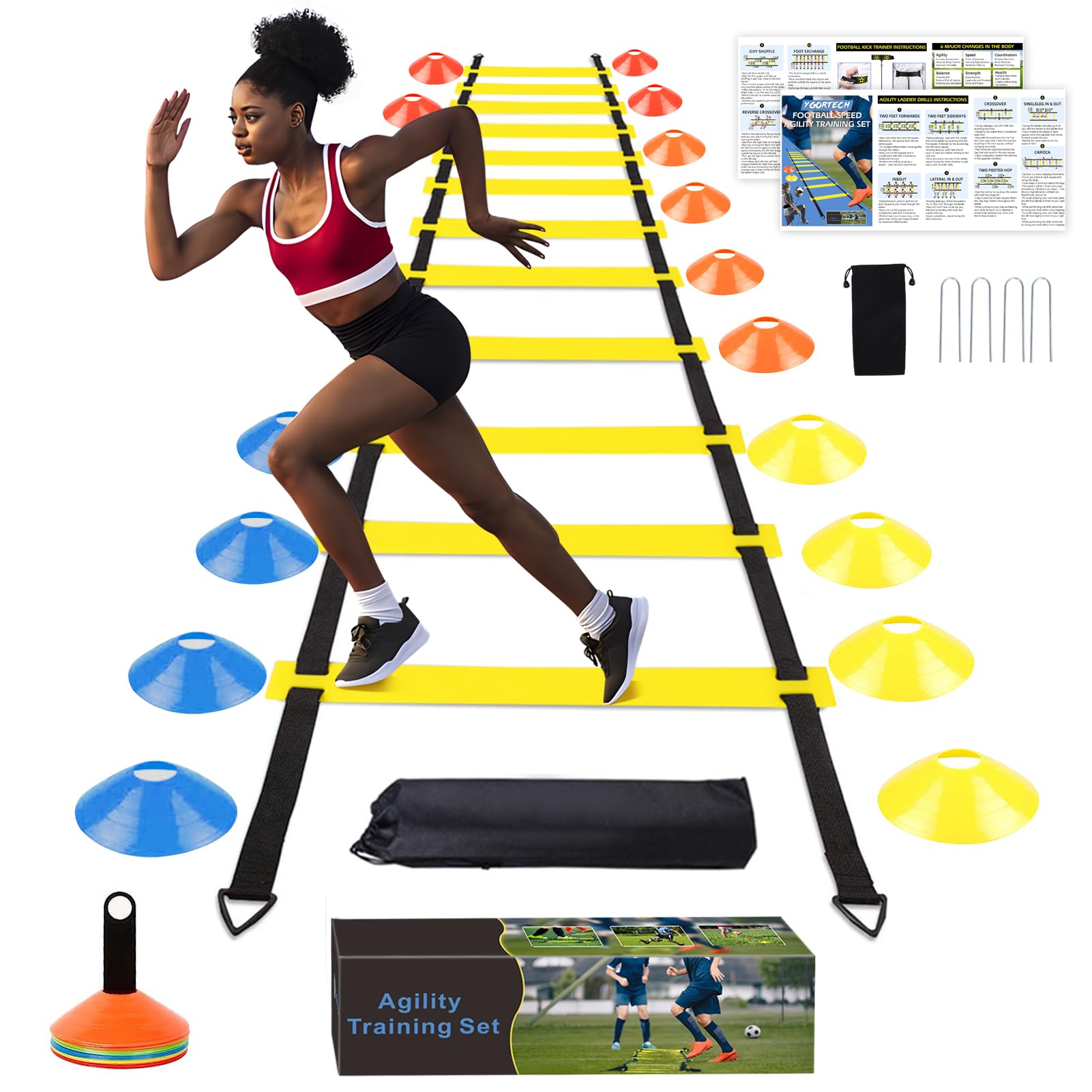 YGORTECH Football Training Equipment Agility Ladder Speed Training Kit for kids 12 Rung 20Ft Agility Ladder, 16 Disc Cones with Carrying Bag for Soccer Basketball Footwork Training (yellow)