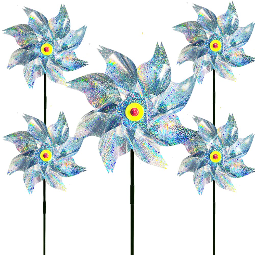 MUUGIY 5PCS Reflective Bird Repellent Windmill, Reflective Birds Deterrent, Repellent Windmills Scare Birds Wind Energy,Protect Garden Crop Fruit Flower, Keep Birds Away for Garden