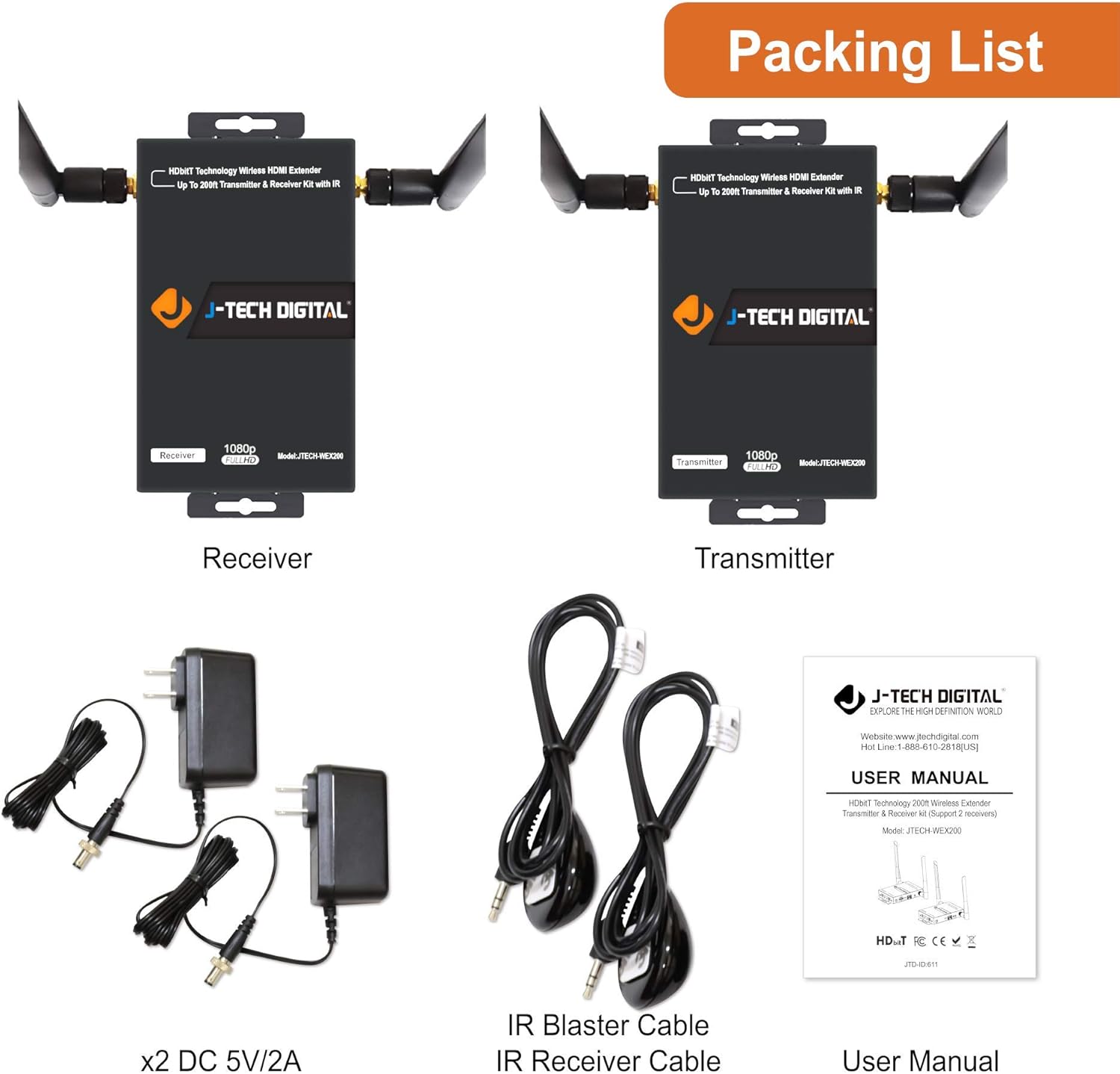 J-Tech Digital HDbitT Series 1X2 Wireless HDMI Extender 200' Dual Antenna Supporting Full HD 1080p with HDMI Loop Output IR Passthrough [JTECH-WEX200]: Electronics