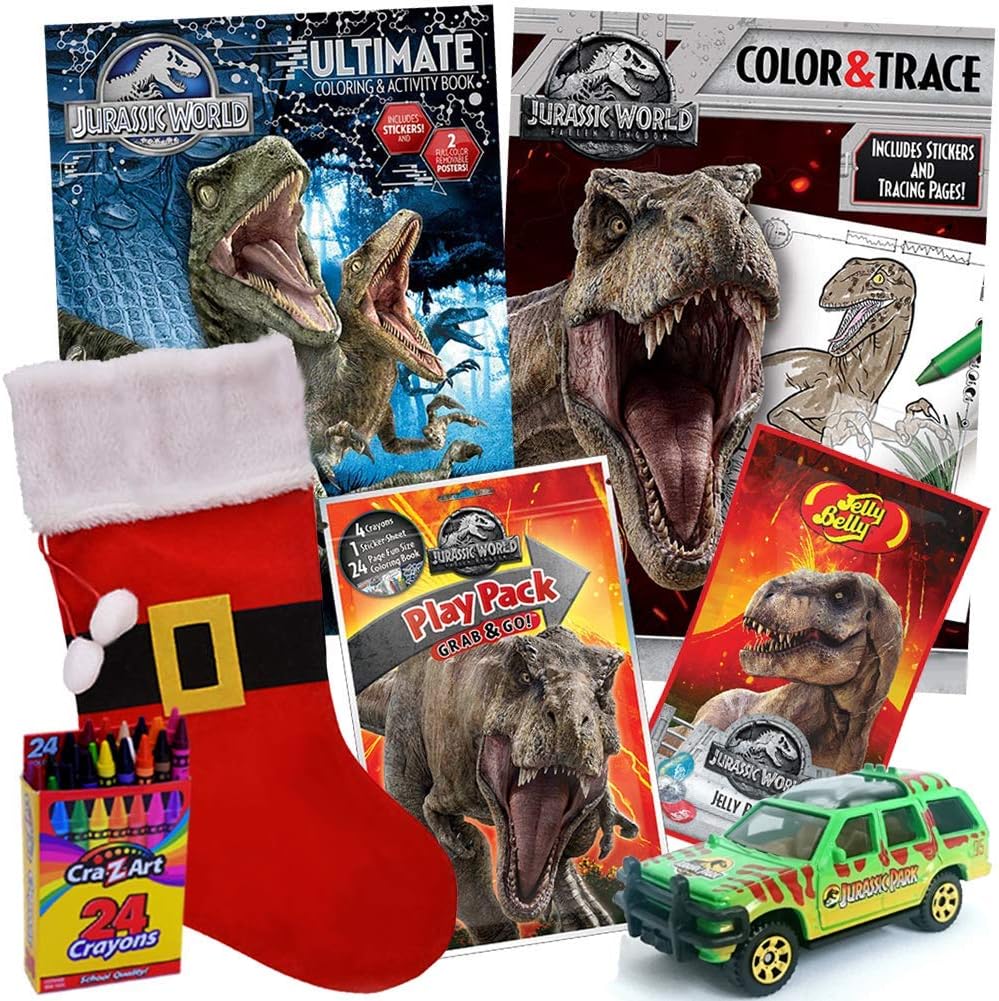 ColorBoxCrate Jurassic World Fallen Kingdom Coloring Book Toy Stocking Stuffer, 7 Pack Includes TRex Raptor Activity Books, Mystery Jurassic Park Matchbox Car, Crayons, Candy for Children Ages 4-10