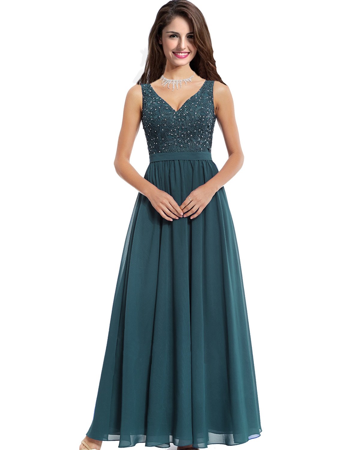 Women's Scoop Lace Chiffon Wedding Bridal Dress Long Evening Gown with Slit