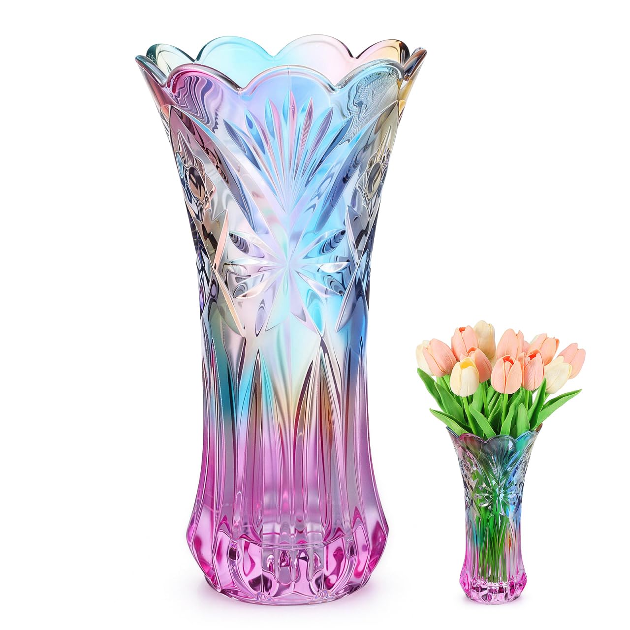 Crystal Glass Vase Decorative Colorful Rainbow Vase Flower Container for Home Office Wedding Dinner Table