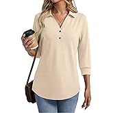 TICTICMISS Women's V Neck Polo Shirts 3/4 Length Sleeve Tops Collared Business Casual Summer Blouses
