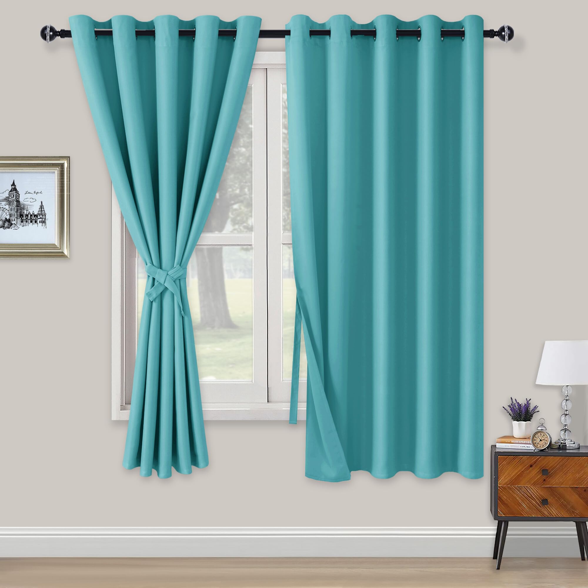 XWZO Blackout Curtains Shades Window Curtain Panels with Tiebacks- Noise Reduction and Thermal Insulated Eyelet Curtains for Bedroom,Living Room,Office,Study Room Turquoise W66xL72
