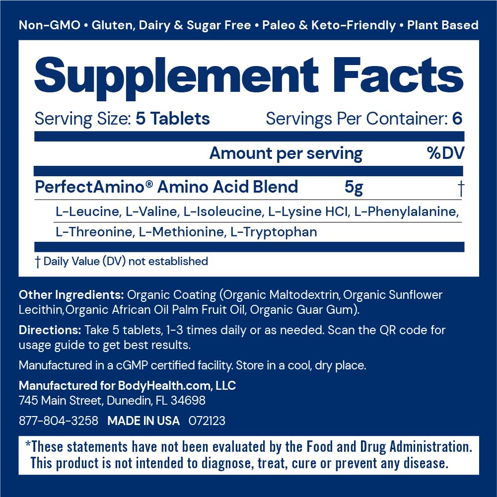 BodyHealth PerfectAmino Easy to Swallow Tablets, Essential Amino Acids Supplement with BCAAs, Vegan Protein for Pre/Post Workout & Muscle Recovery with Lysine, Tryptophan, Leucine (36 Servings)