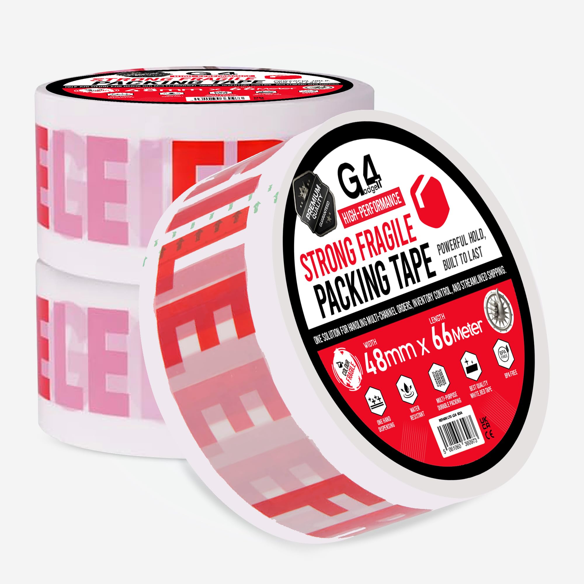 G4GADGET Pack of Strong Packing Tape – 48mm x 66m – Heavy Duty Parcel Tape for Moving Boxes, Shipping, and Packaging (3, Fragile)