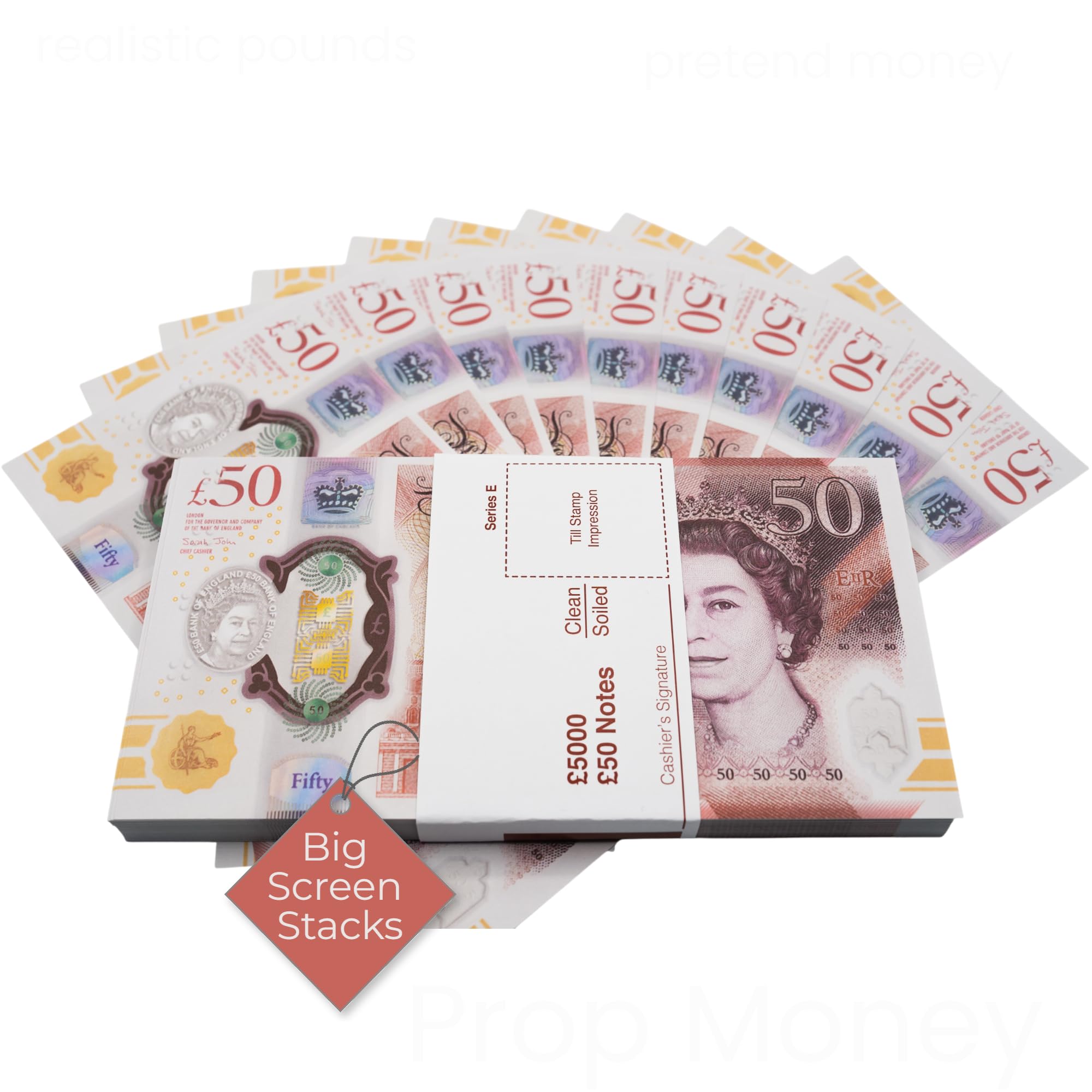 Big Screen Stacks | x100 £50 Fake Prop Money Notes | £5,000 stack (2021 Edition) | Extra Bank Strap - Perfect for Movies, Youtube, Social Media, Play, Education, Casino game, Photo Booth