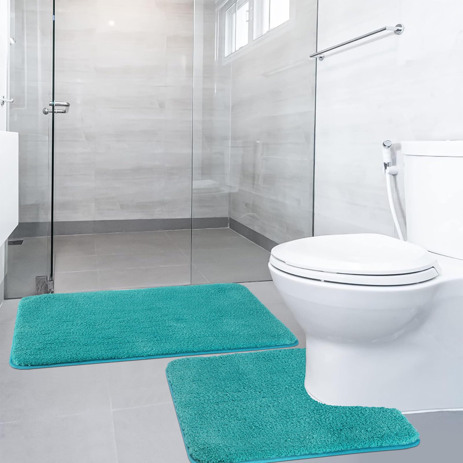 SOANNY Non-Slip Bath Mat Set of 2, Luxury Thick Microfiber Shaggy Bathroom Rugs, 50 X 80 CM Soft Plush Shower Mat & 50 X 50 Toilet Pedestal Carpet, Machine Washable, Absorbent, Turquoise