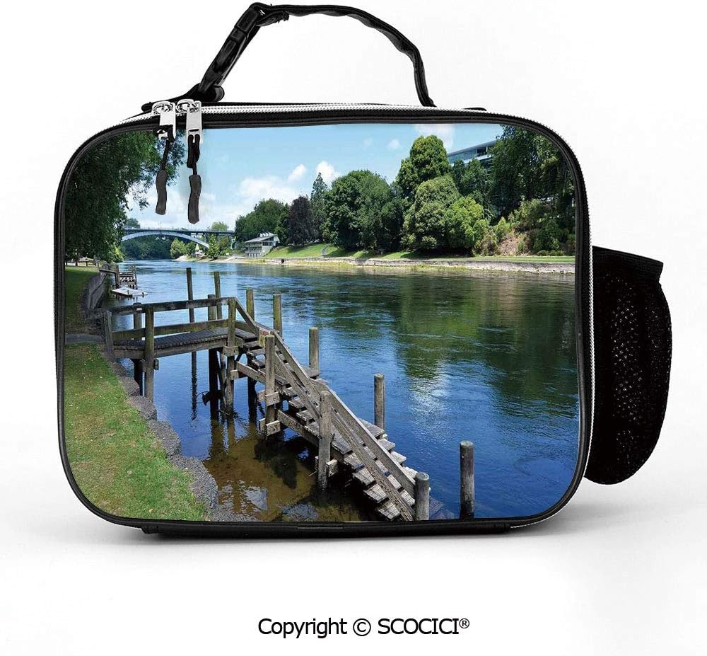 AmaUncle Detachable Leather Lunch Bag with Pocket Waikato River Hamilton City New Zealand Holiday Destination Travel Meal Lunch Box for Women Men Adults College Work Picnic Hiking Beach Fishing
