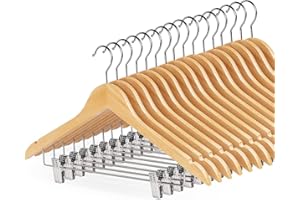 HOUISM HOUSM 16Pack Wooden Skirt Hangers with Clips, Solid Wood Pants Hangers, Natural, Smooth Finish, High-Grade Selected Wood, Sturdy Metal Clips for Blouse, Dress, Coat, Jacket